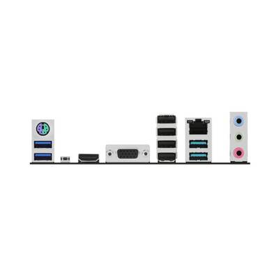 Connettori di una scheda madre per computer con porte USB, HDMI, VGA, di rete e audio; mostra il retro per le possibilità di connessione.