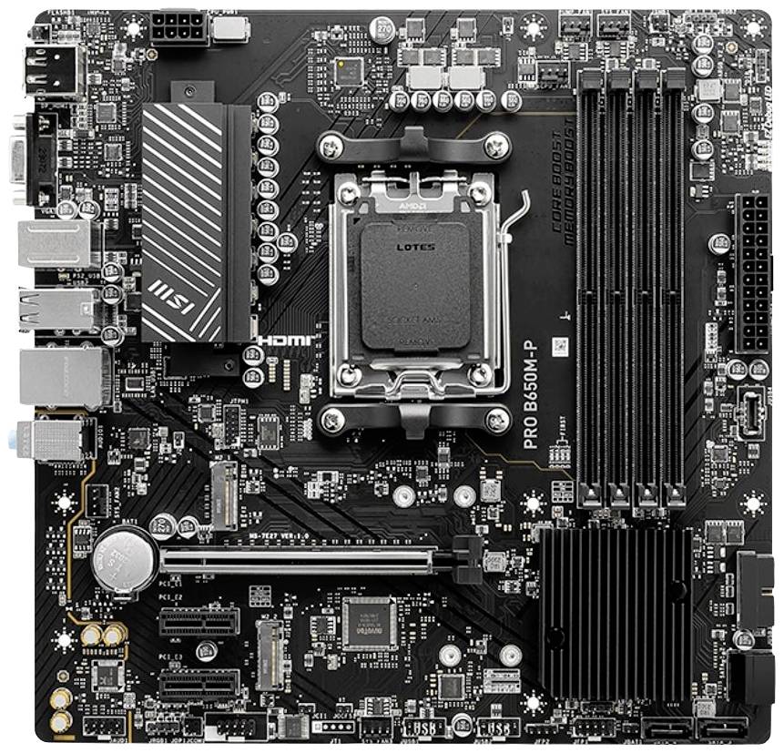 Scheda madre con zoccolo del processore, slot RAM, diversi connettori e un grande dissipatore di calore. Nome del modello: 'PRO B560M-P'.