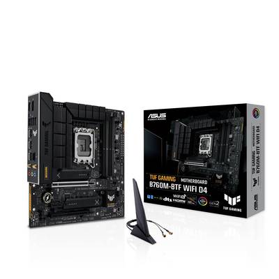 'TUF Gaming Mainboard B760M-BTF WIFI D4' raffigurata con confezione e antenna, adatta per gli appassionati di gaming.