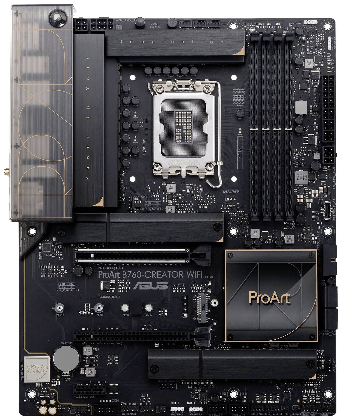 Scheda madre 'ASUS ProArt B760-Creator WiFi' con socket LGA1700, quattro slot RAM e slot PCIe, adatta per costruzioni di computer di alta gamma.