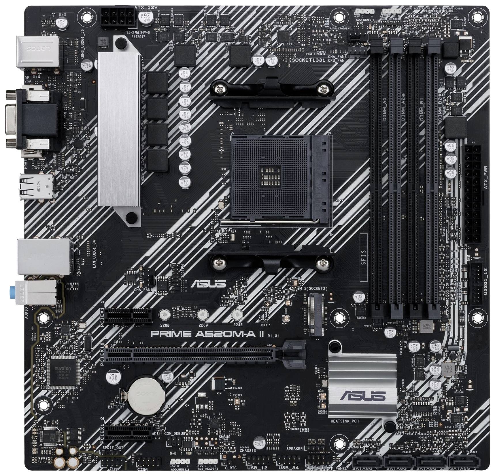Scheda madre ASUS PRIME A520M-A II con molteplici porte e slot per processori e moduli di memoria.