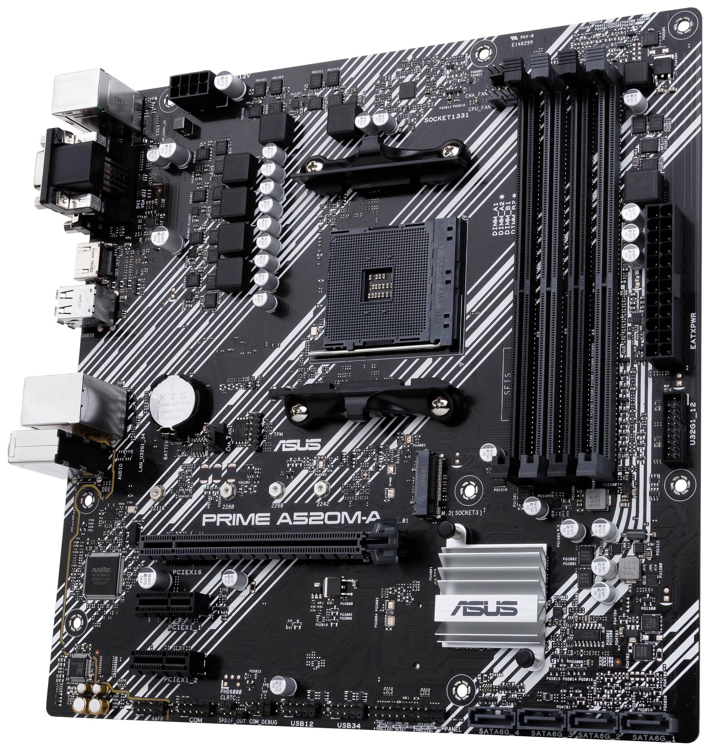 Una scheda madre ASUS Prime A520M-A con multiple opzioni di connettività e slot, adatta per l'assemblaggio e l'espansione del computer.