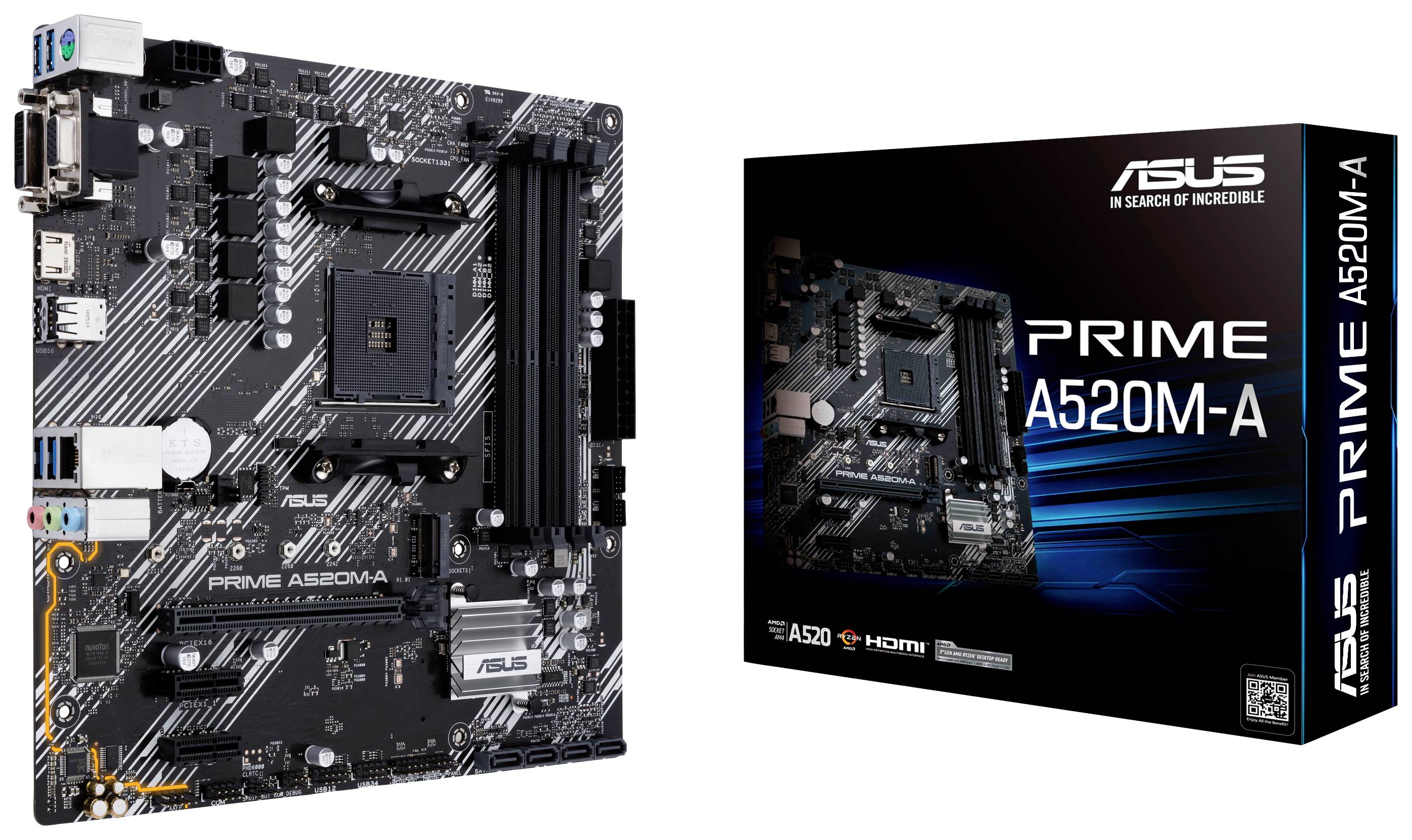 Una scheda madre ASUS Prime A520M-A, mostrata accanto alla sua confezione. La scheda madre offre diversi slot e connettori.