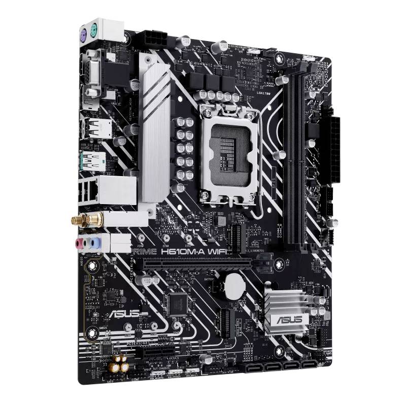 Scheda madre con slot PCIe, slot RAM e socket CPU, modello 'ASUS PRIME H610M-A WIFI'. Colore nero con dettagli bianchi.