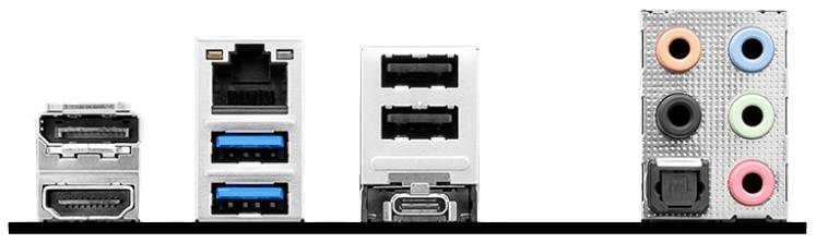 Retro di una scheda madre del computer con porte: HDMI, USB, Ethernet, uscite audio in vari colori.