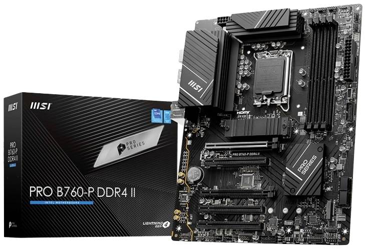 Scheda madre MSI PRO B760-P DDR4 accanto alla confezione. Adatta per PC potenti con supporto per processori Intel e RAM DDR4.