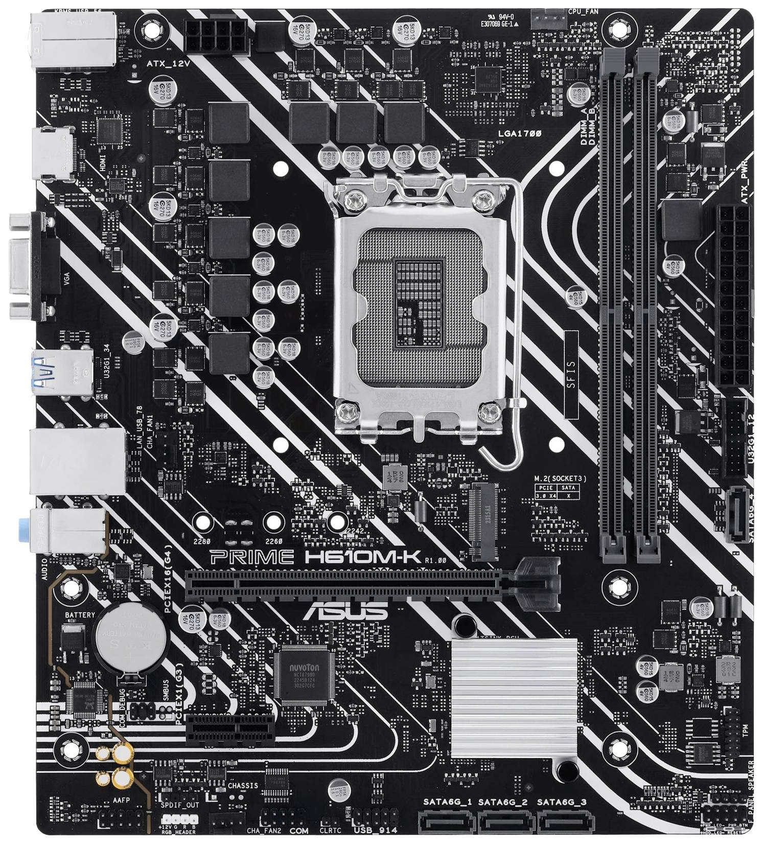 Una scheda madre nera con piste bianche, diversi slot per memoria RAM, processore e connettori per periferiche esterne.