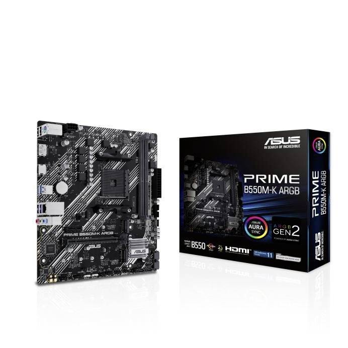 Scheda madre 'ASUS Prime B550M-K ARGB' accanto alla confezione. Supporta chipset B550, Aura Sync, HDMI e socket AMD AM4.