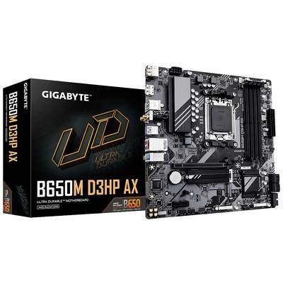 'GIGABYTE B650M D3HP AX' Scheda madre e confezione. Formato Micro-ATX, slot PCIe, slot RAM, porte USB. Adatta per processori AMD Ryzen.