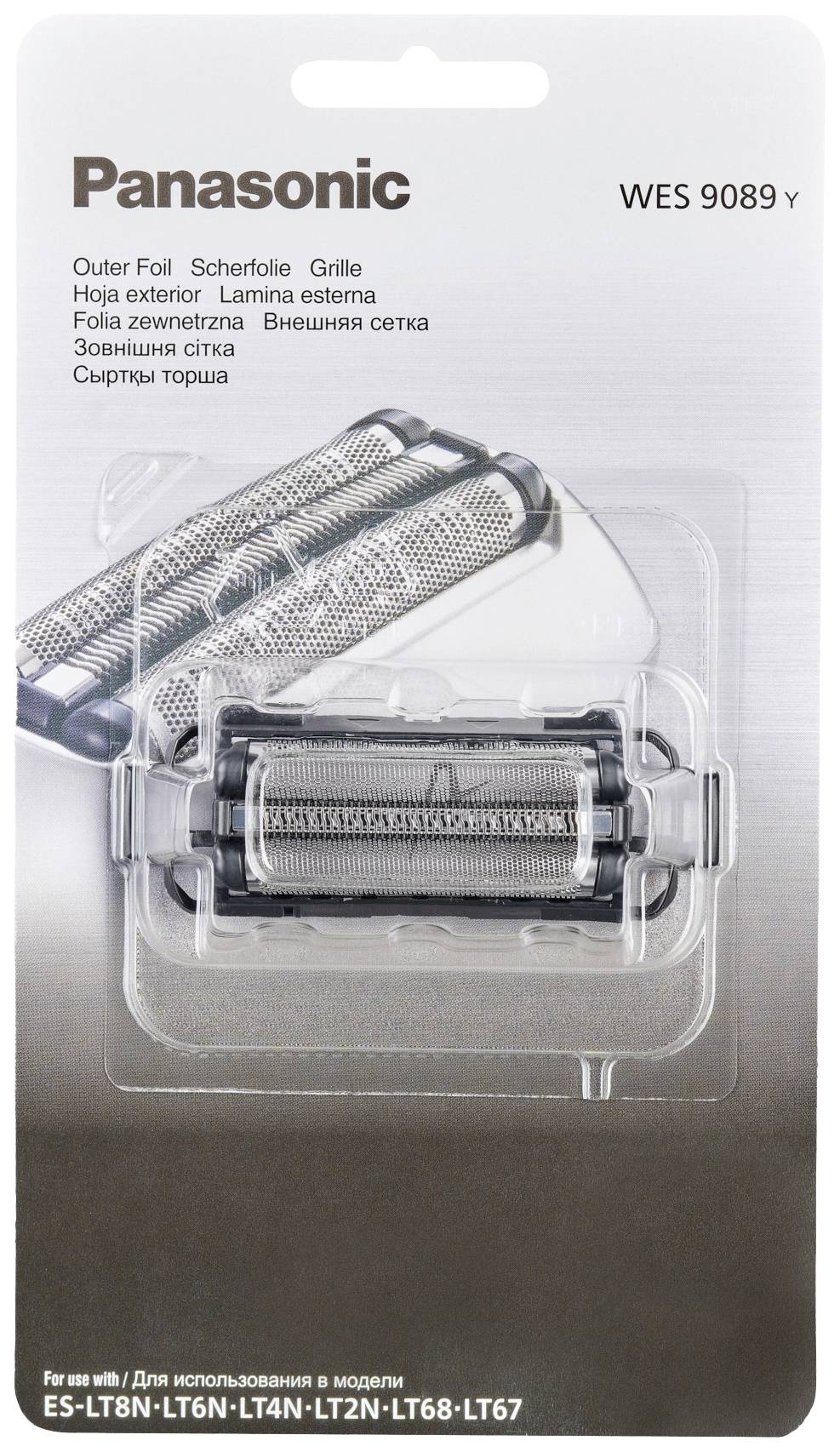 Confezione per la lamina di ricambio del rasoio Panasonic, modello WES 9089Y, con tre elementi di taglio. Nome del marchio in alto a sinistra.