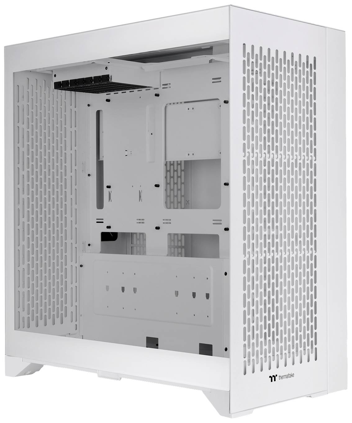 Involucro bianco per PC con interno a vista. Le pareti laterali hanno aperture di ventilazione. Nessun accessorio o componente interno visibile.
