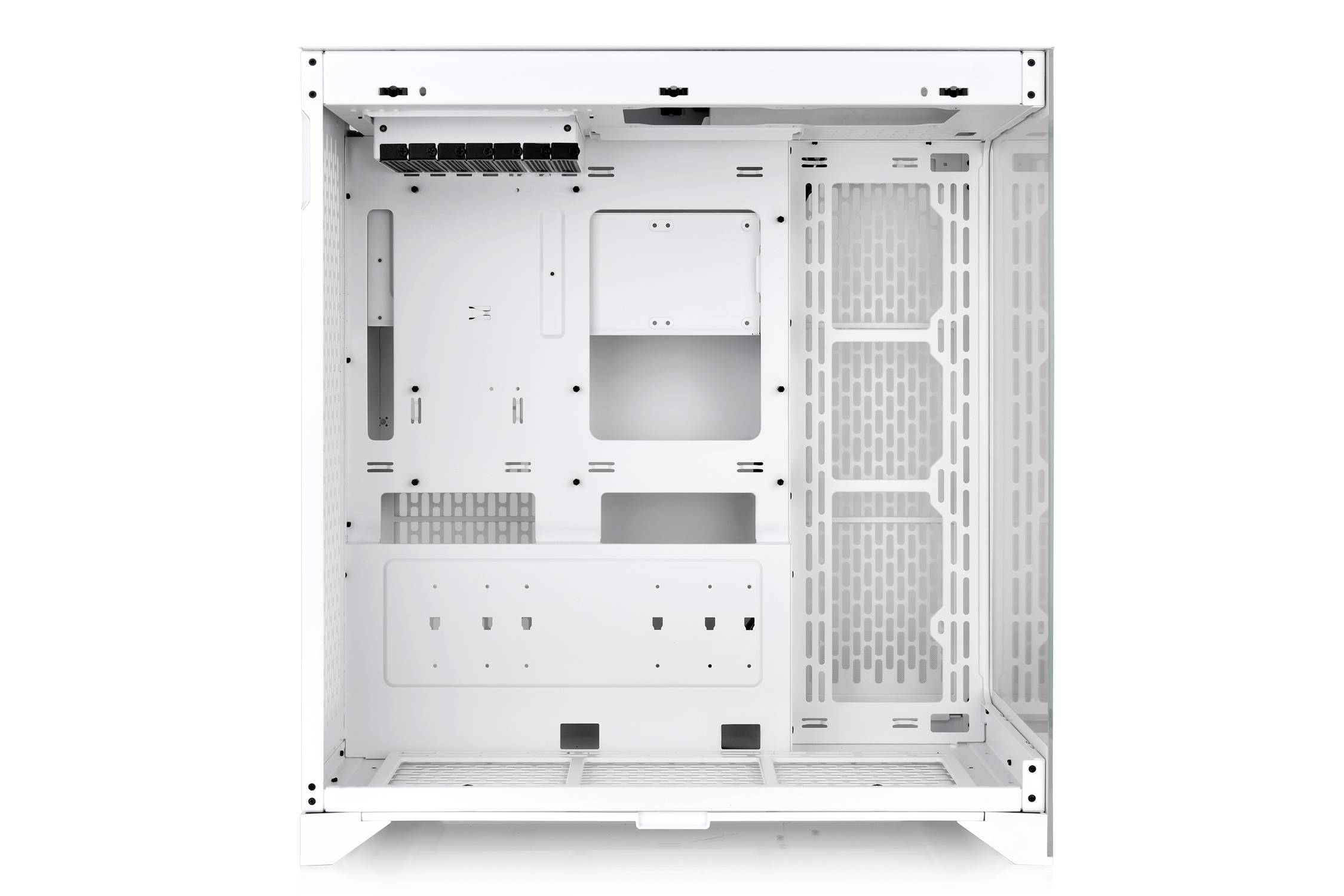 'Case bianco per computer con lato trasparente, mostra la struttura interna e i punti di fissaggio per i componenti hardware.'