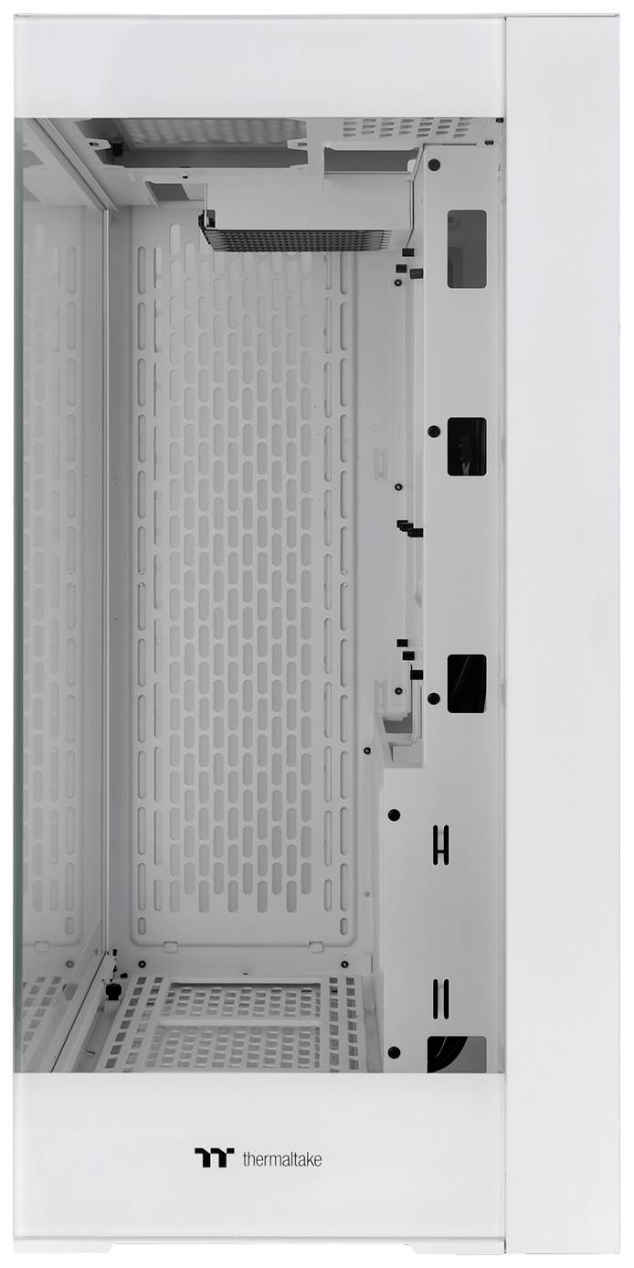 Custodia per computer bianca con finestra in vetro che mostra l'interno vuoto per l'installazione di componenti del computer.