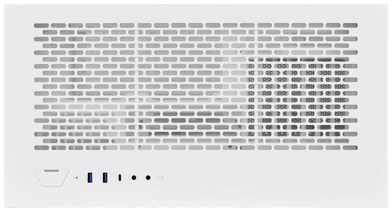 Parte anteriore di un case per computer bianco con griglia di ventilazione, porte USB e tasto di accensione sul davanti.