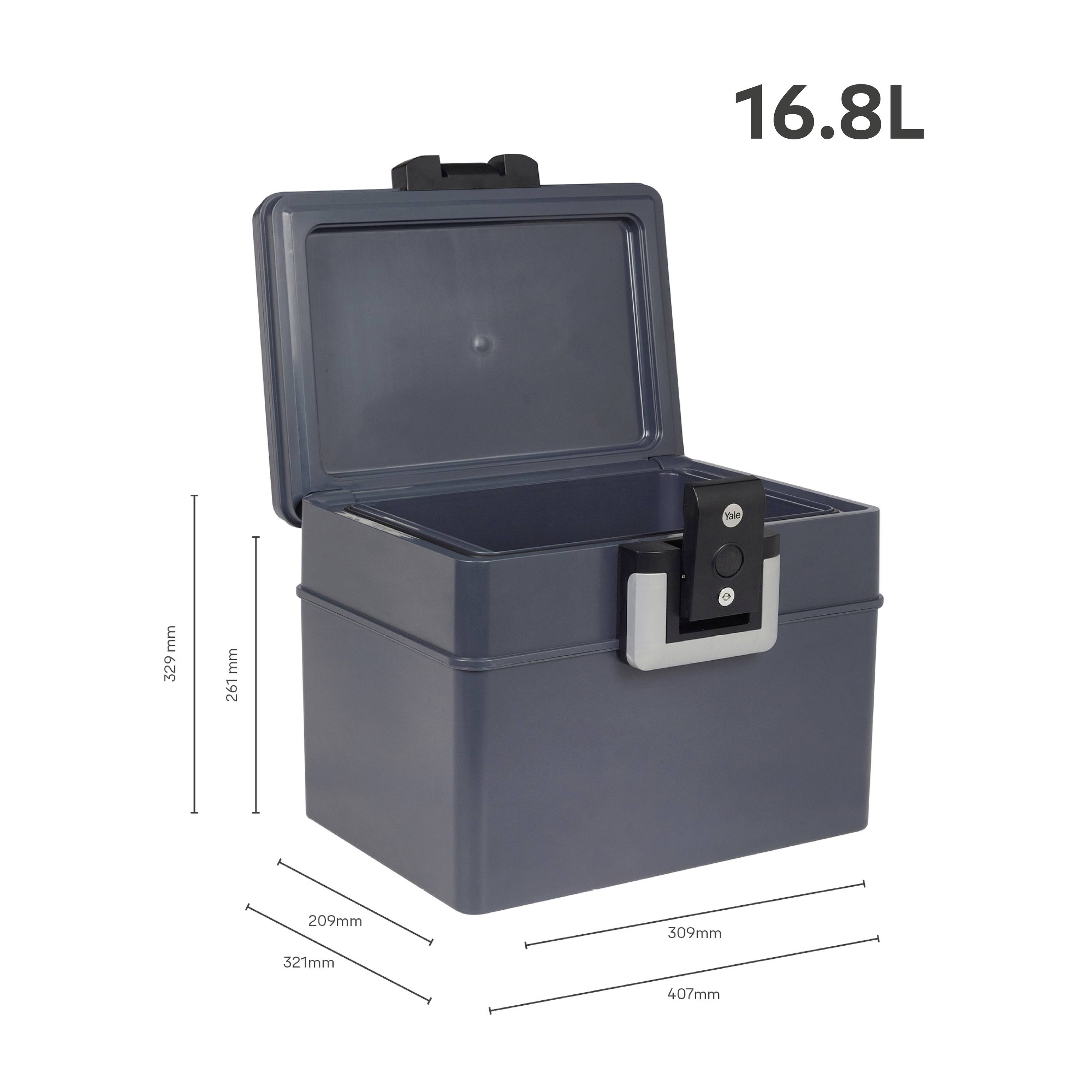 Scatola aperta di colore blu scuro con coperchio e serratura a combinazione. Misure: 207 mm di altezza, 321 mm di larghezza, 407 mm di profondità. Volume 16,8 litri.