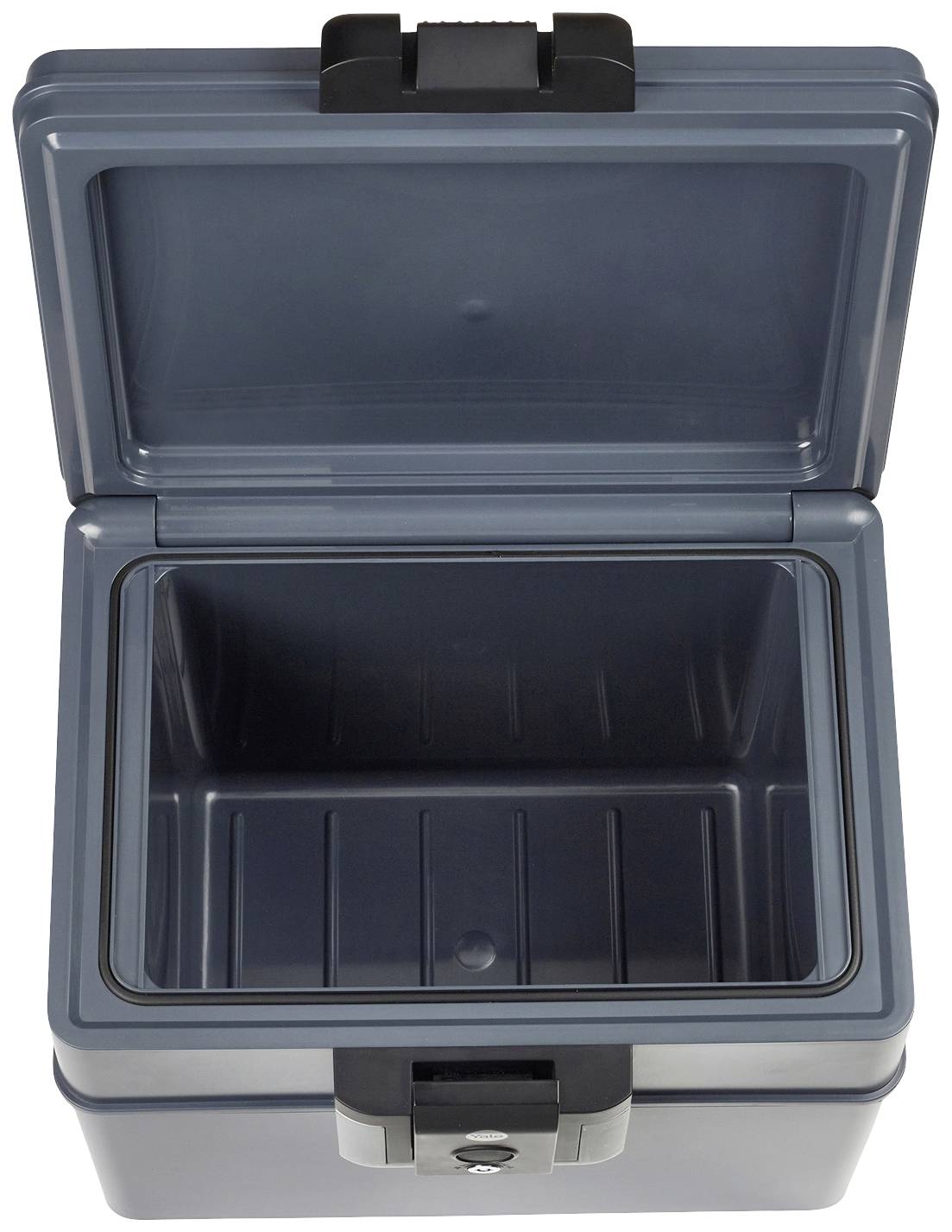 Contenitore frigo aperto, vuoto e grigio con coperchio sollevato, ideale per trasportare e conservare cibi o bevande.