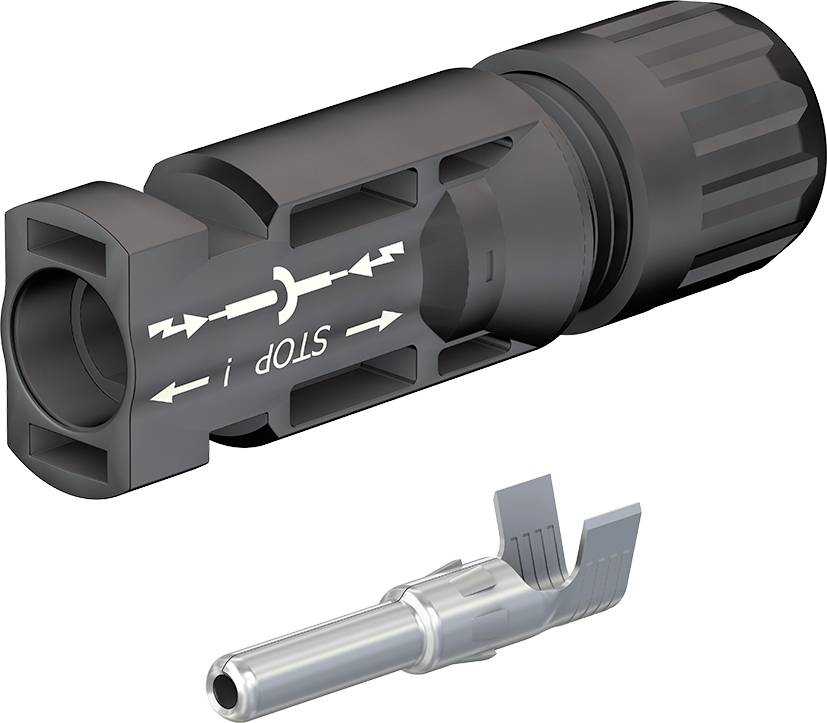 Connettore con due componenti: un involucro nero con marcature e un pin metallico. Utilizzato nei collegamenti elettrici.