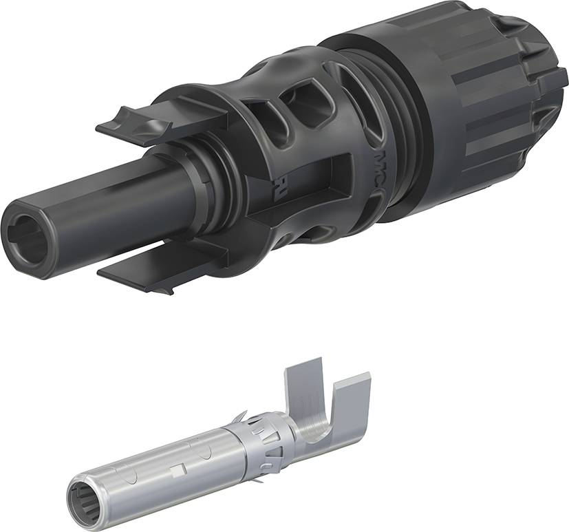 Connettore nero in plastica con perno metallico argentato, comunemente utilizzato in impianti elettrici.