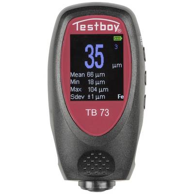 Un dispositivo di misurazione digitale con display: 'Media 66 µm, Min 18 µm, Max 104 µm, Sdev ±1 µm'. Modello: 'Testboy TB 73'.