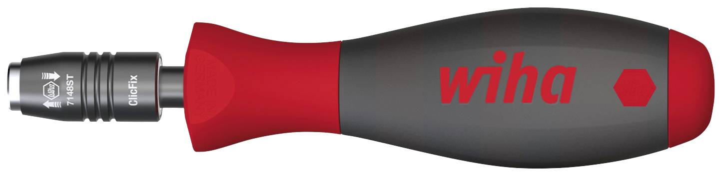 Impugnatura Wiha con design ergonomico, manico rosso e nero, tipicamente utilizzata per utensili manuali.