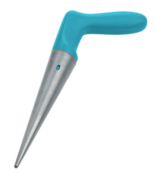 Attrezzo manuale con impugnatura ergonomica blu e punta metallica appuntita, utilizzato per piantare giovani piantine o bulbi nel terreno.
