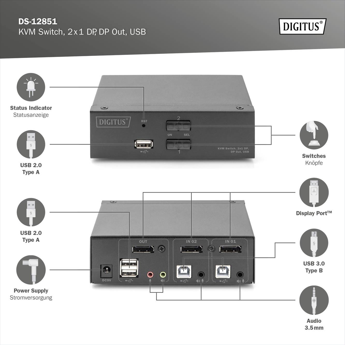 Switch KVM 'DS-12851' di Digitus con porte USB e Display Port. Mostra la vista frontale e posteriore con connessioni e funzionalità.