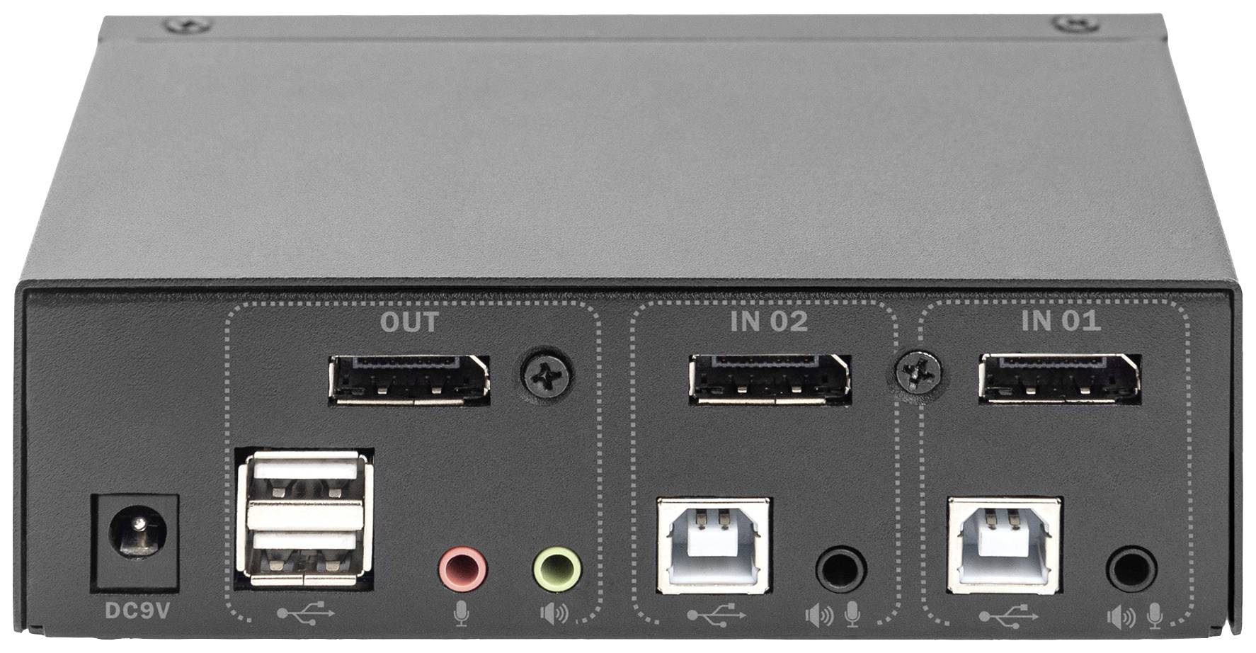 Scatola elettronica nera con molteplici porte di connessione, tra cui USB, ingresso/uscita audio e connettore di alimentazione.