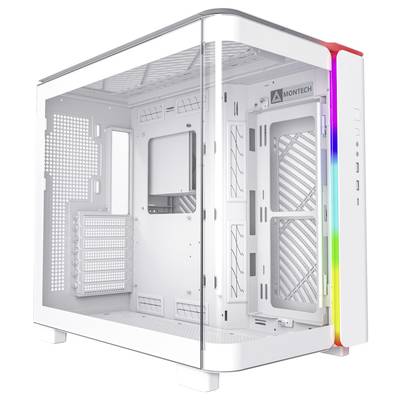 Case per computer bianco con finestra laterale in vetro e strisce LED RGB frontali. Ampio spazio per componenti e fessure di ventilazione.