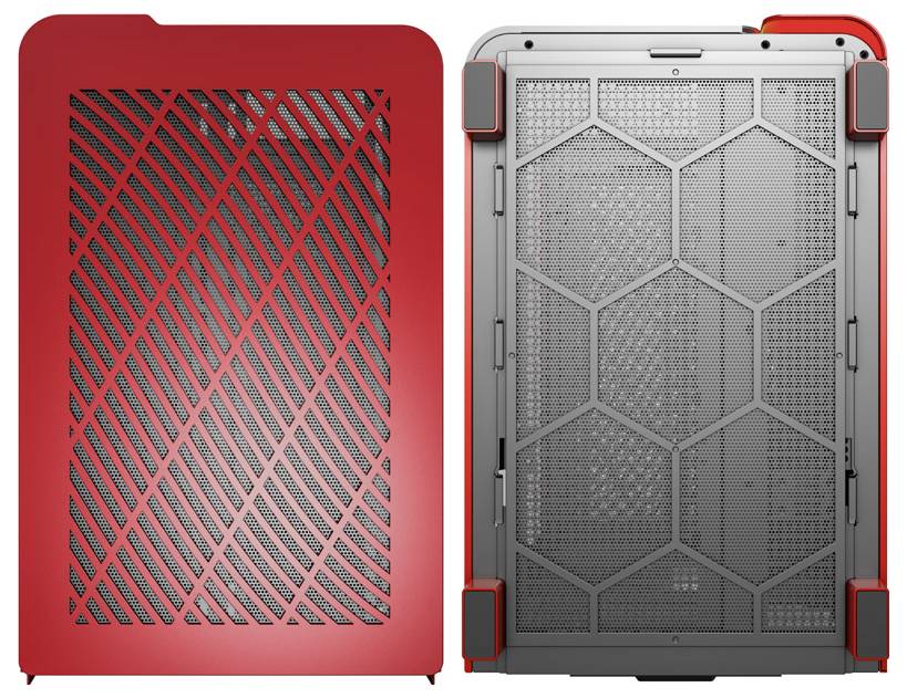 Due case per computer: a sinistra uno rosso con fessure di ventilazione diagonali, a destra uno grigio con una struttura a griglia esagonale.
