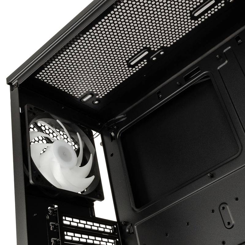 Un case per computer vuoto con un ventilatore integrato sul retro, che mostra spazio per componenti e circolazione dell'aria.