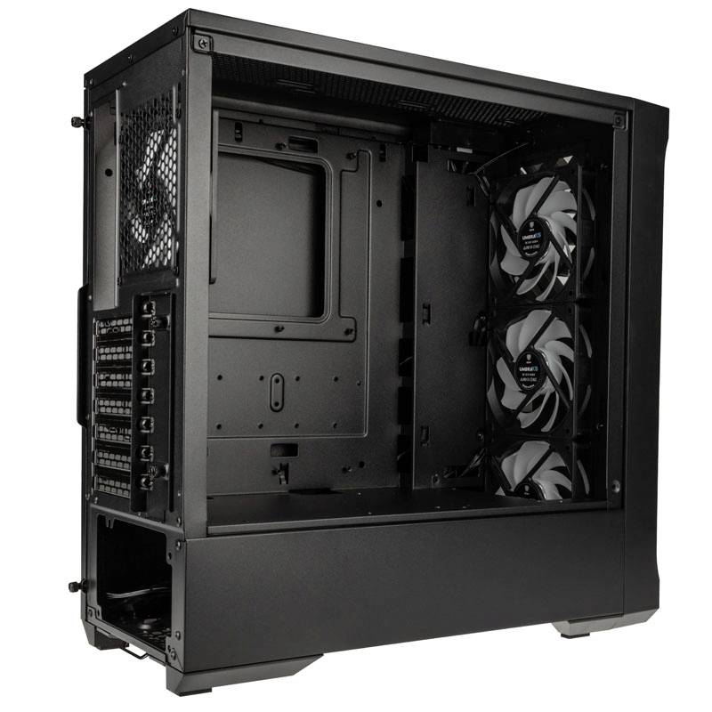 Un case per computer aperto, nero, con due ventole integrate sul davanti, adatto per PC da gaming.