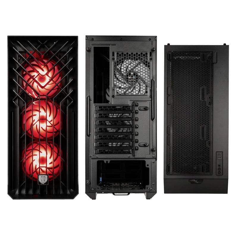 Case per computer da gaming con ventole LED rosse appariscenti sul davanti, connessioni e ventilazione a vista sul retro.