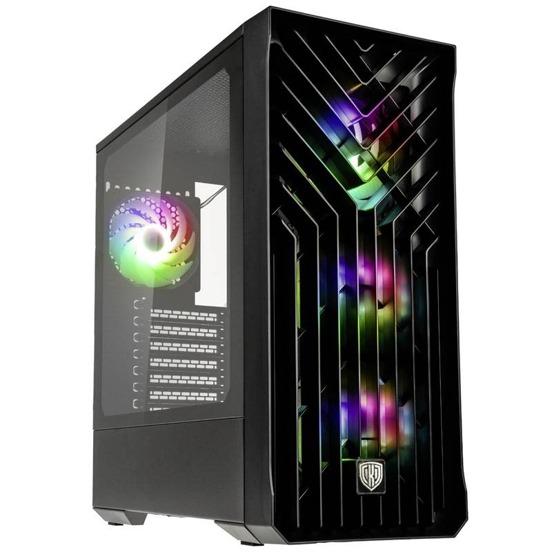 Custodia per PC nera con finestra laterale in vetro e illuminazione LED multicolore sul davanti, che mostra la vista interna con ventola.