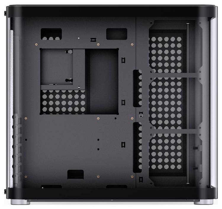 Custodia di un tower per computer con diversi fori di ventilazione e supporti per componenti come scheda madre e unità.