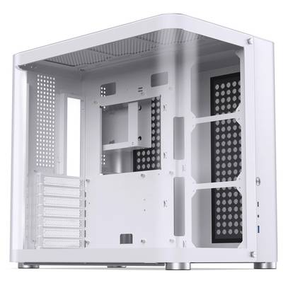 Un case per computer bianco e vuoto con design aperto e multiple fessure di ventilazione, adatto per l'assemblaggio personalizzato di un PC.