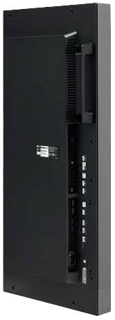 Un monitor elettronico nero mostra il retro con vari connettori e una maniglia sul lato destro.