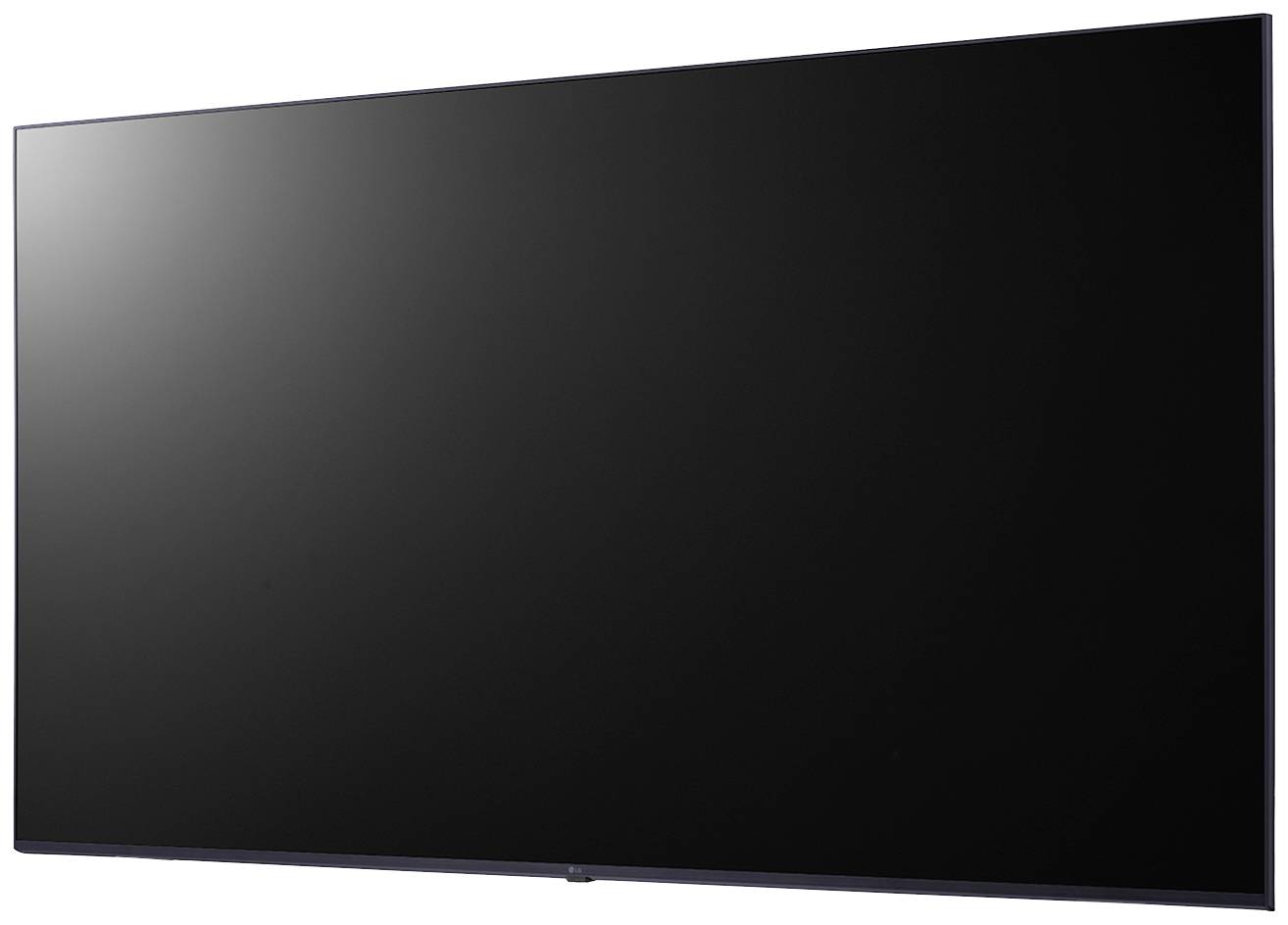 Un grande televisore piatto moderno nero con schermo spento, raffigurato su sfondo bianco.