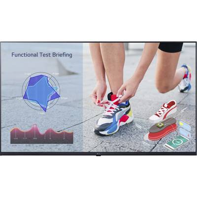 Una persona sta indossando scarpe sportive colorate. A sinistra: un diagramma con tipi A-E e un grafico a linee dalle 09:00 alle 20:00. Testo: 'Briefing Test Funzionale'.