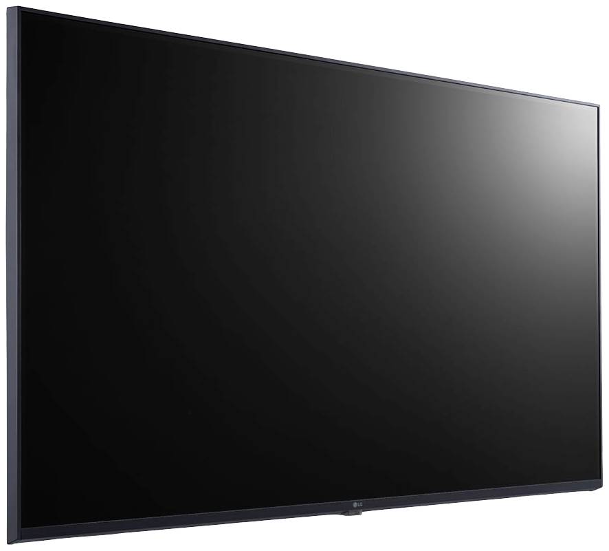 Un grande televisore a schermo piatto nero con cornice sottile, visto di lato. Lo schermo è spento.