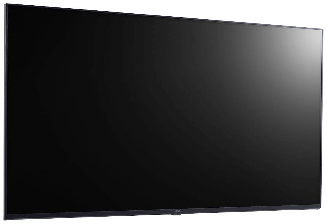 Grande televisore piatto nero davanti a uno sfondo bianco, acceso con schermo nero.