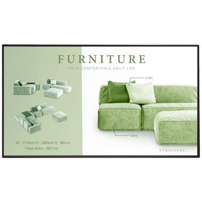 Set di divani verdi con cuscini in lino e tessuto. Misure: 310cm L, 280cm P, 86cm H. Superficie totale: 367cm². Testo: 'La tua Vita Quotidiana Confortevole'.