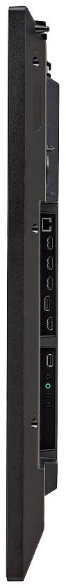 Vista laterale di un monitor nero con diverse porte di connessione, tra cui HDMI e USB, visibili sul retro.