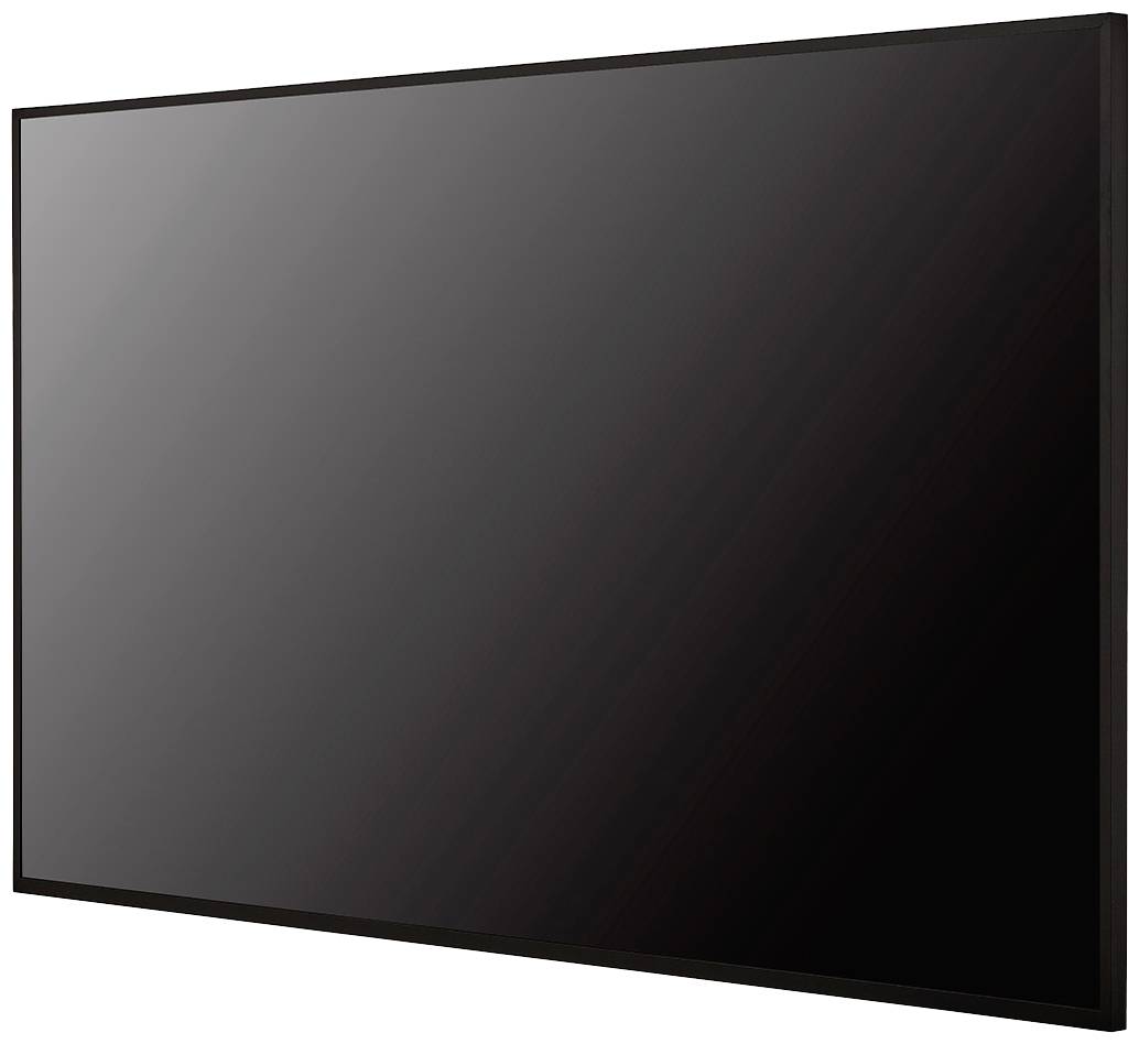 Un grande schermo nero rettangolare con un bordo sottile, mostrato in un leggero angolo, senza indicatori visibili.