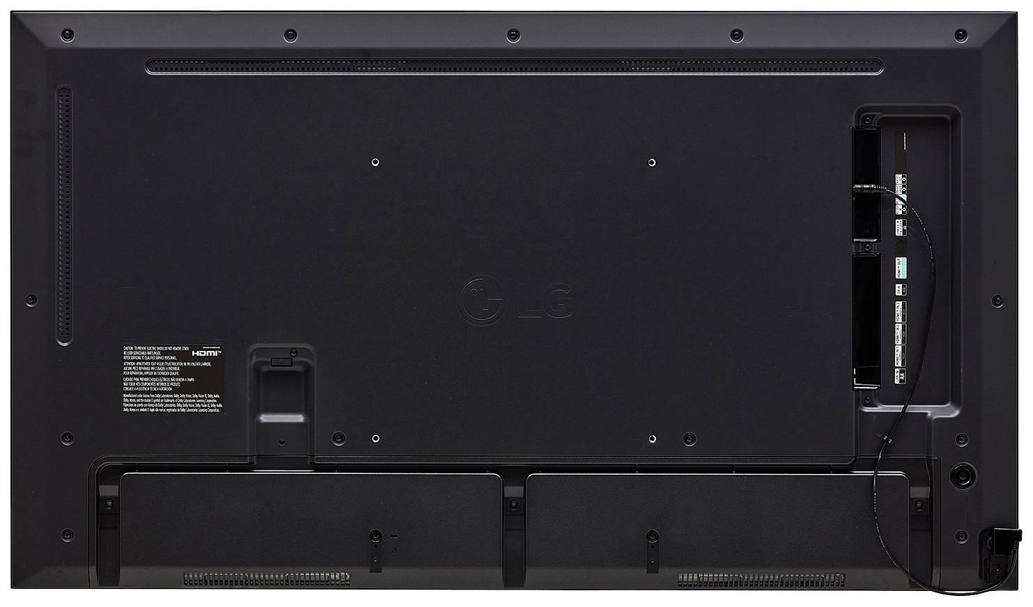 Retro di un televisore con vari ingressi e cavi visibili.