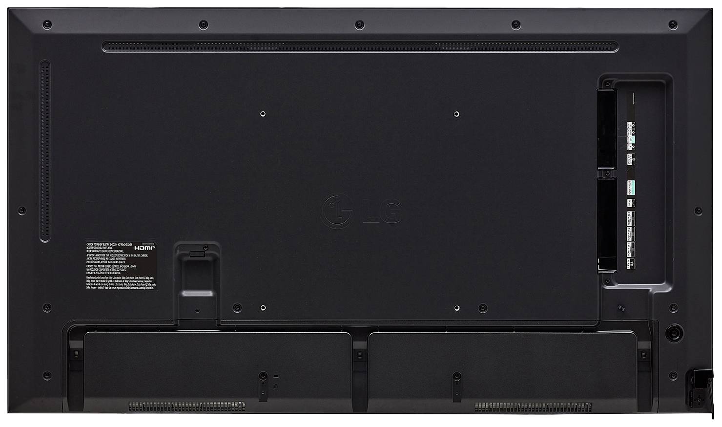 Retro di un televisore, che mostra le connessioni e le aperture di ventilazione. Nessun marchio o informazione sul modello visibile.