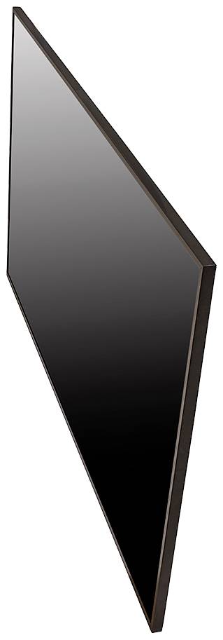 Un televisore o schermo piatto nero con cornice, visto di lato, in posizione verticale, senza contenuto visibile sullo schermo.