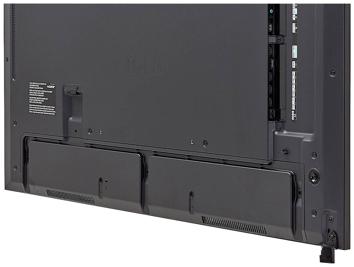 Retro della TV con connettori e fessure di ventilazione.