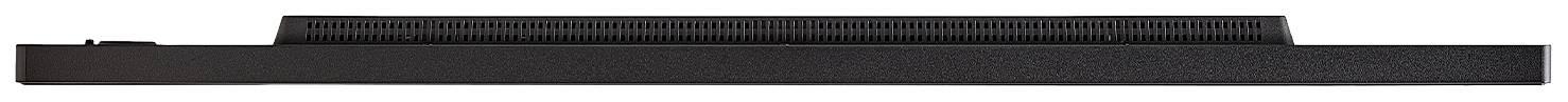 Soundbar nera dal design sottile, vista laterale. Adatta per essere posizionata sotto o davanti a un televisore.