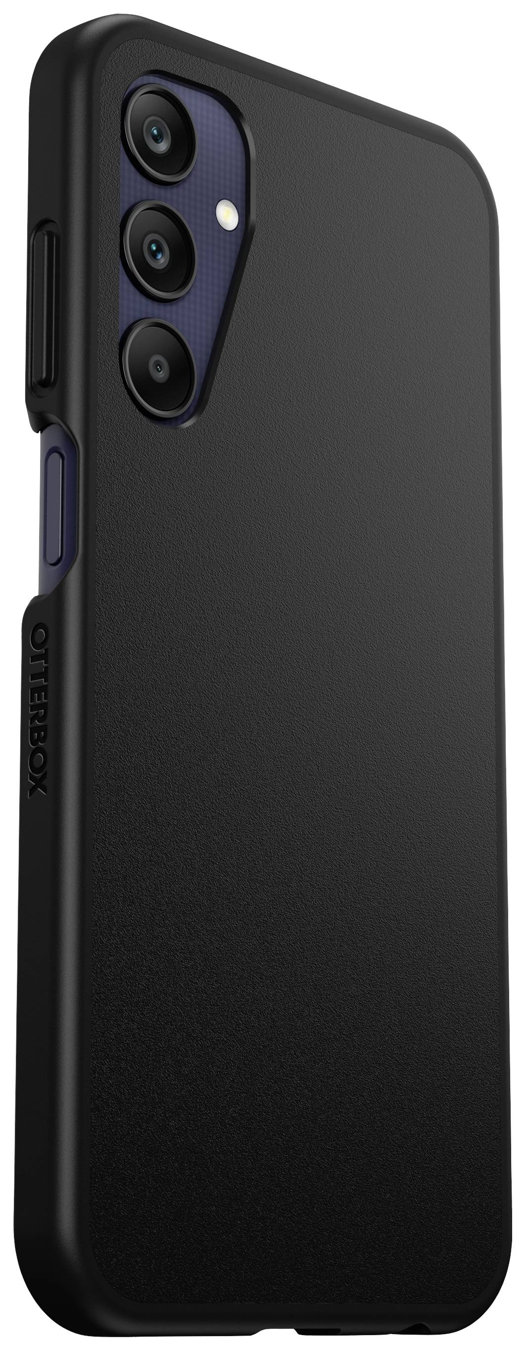Smartphone nero in un custodia robusta con tre obiettivi fotografici impilati verticalmente sul retro.