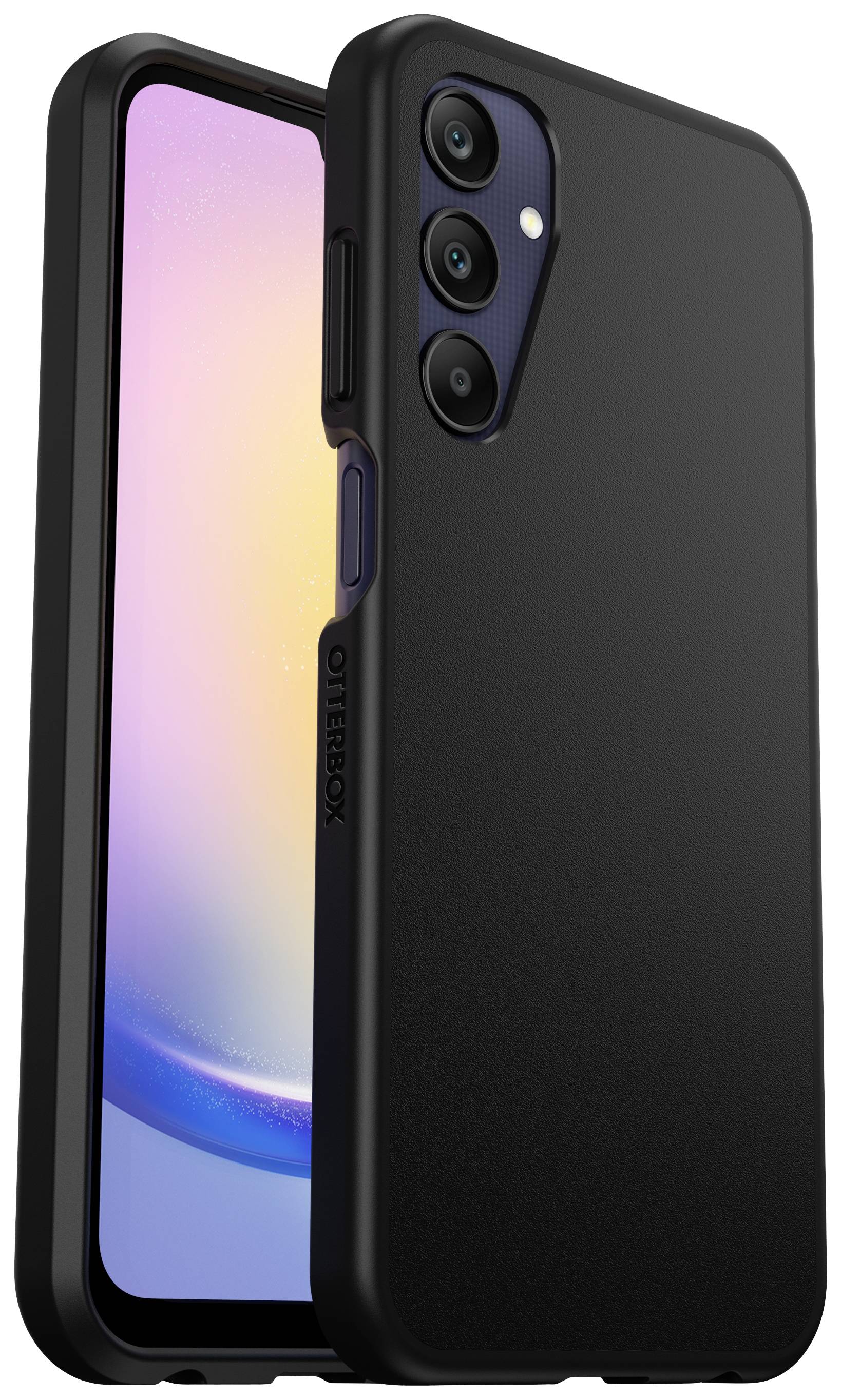 Smartphone in un robusto involucro nero con tre fotocamere sul retro. Lo schermo mostra un gradiente che va dal rosa al blu.
